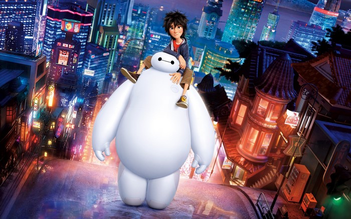 Hiro Hamada and Baymax from Big Hero 6 in a city