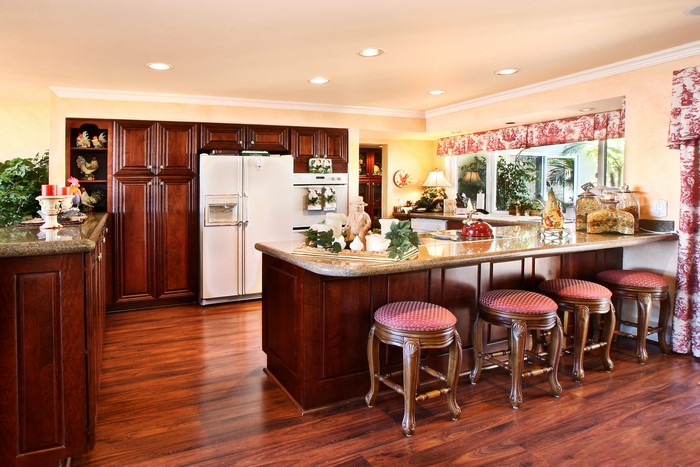 Kitchen Interior with Island and Bar Stools