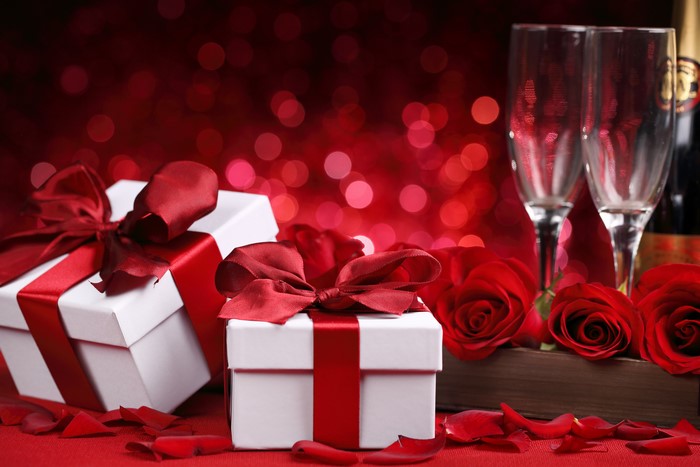 Roses and Gifts with Champagne Glasses