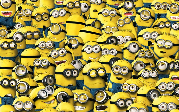 Crowd of Cheerful Minions in Blue Overalls