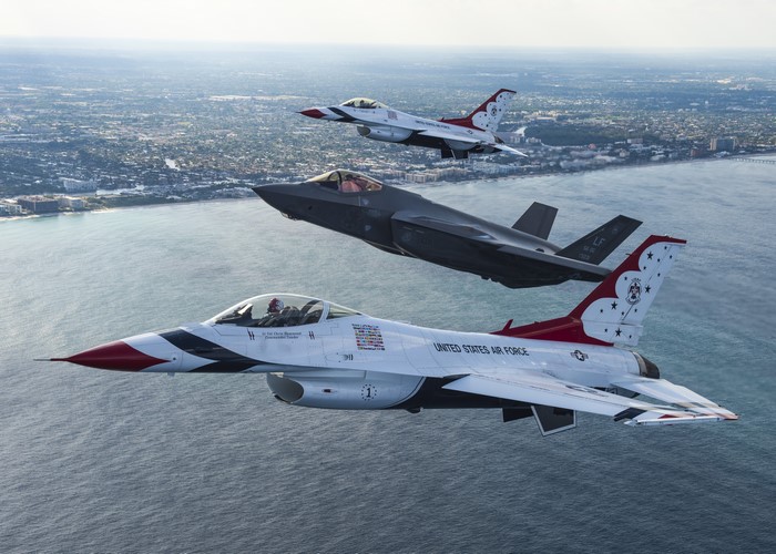 Thunderbirds F-16 and F-35A Airplanes Flying
