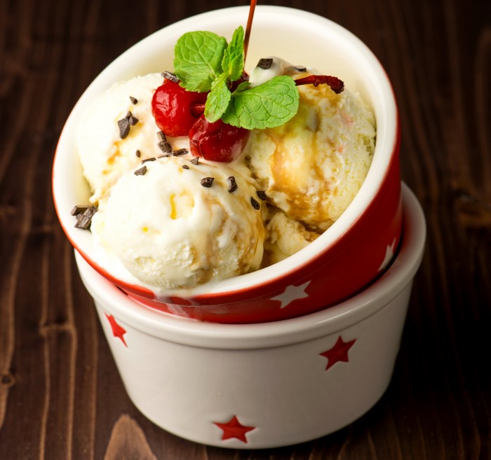 Ice cream with cherries and mint