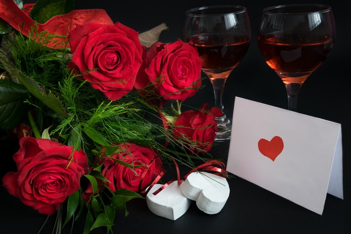 Red Roses, Wine Glasses, and Valentine's Card