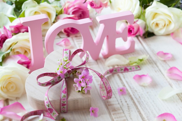 Pink LOVE letters with roses and heart gift box