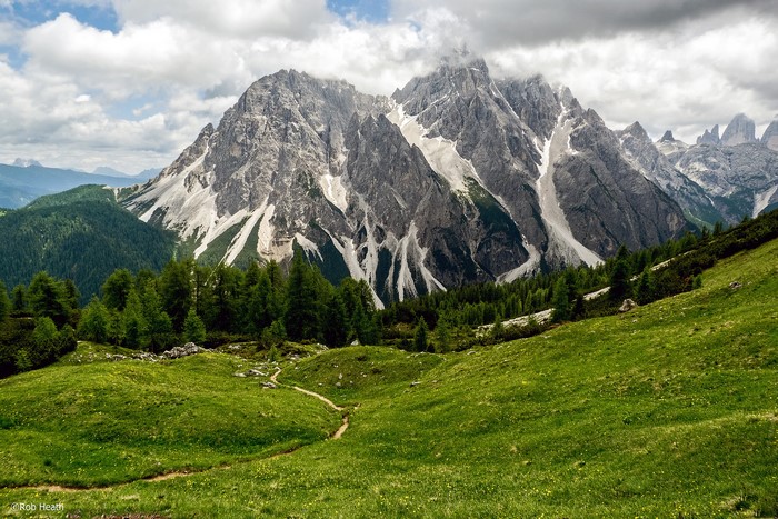 Dolomite Mountains in Sesto, Italy with Green Valleys