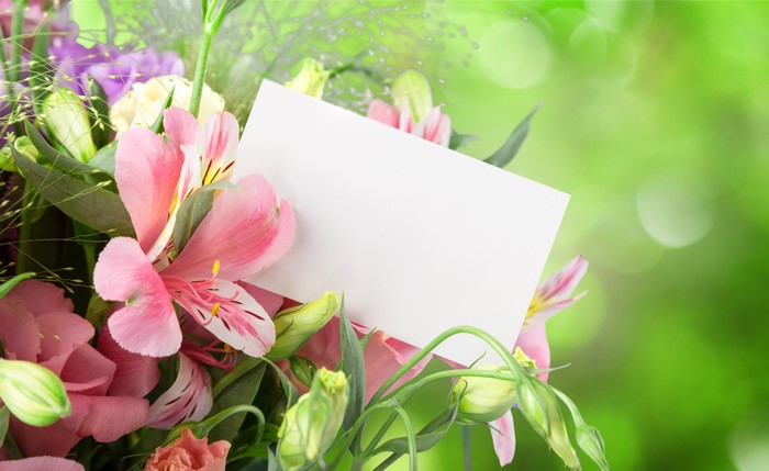 Bouquet of Alstroemeria and Eustoma with a greeting card