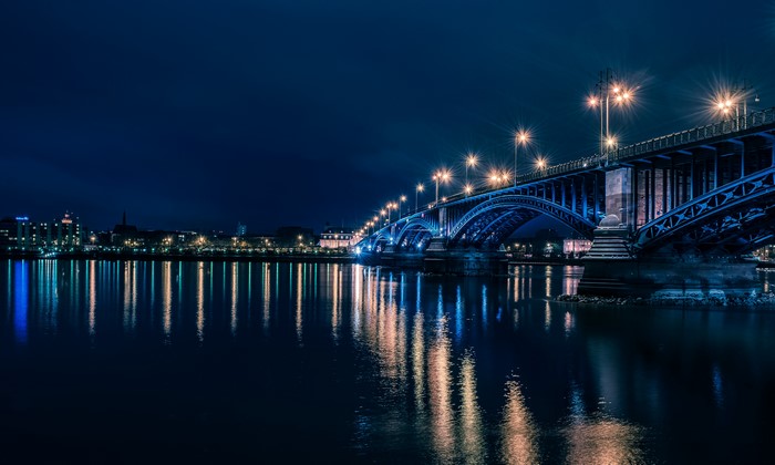 Mainz Bridge at Night with City Lights Reflection