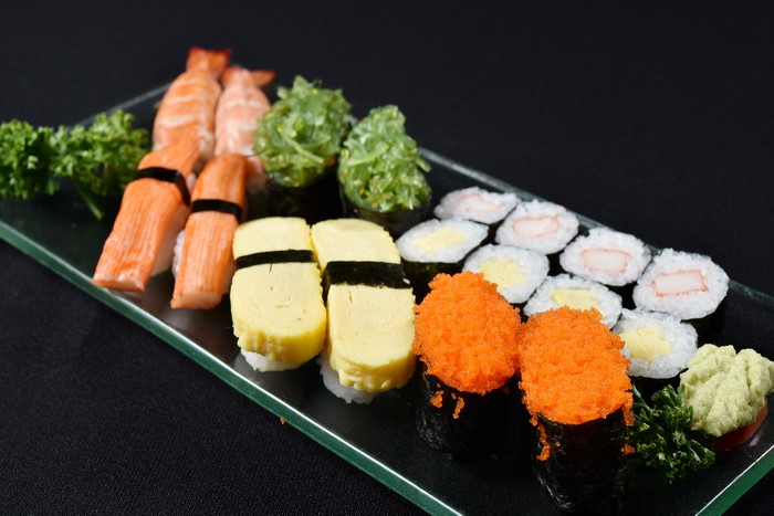 Sushi platter with seafood and vegetables