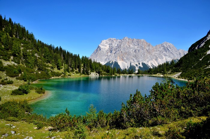Lake Eibsee with Zugspitze mountain in the background