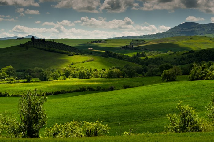 4K Tuscany Scenery with Rolling Green Fields and Hills