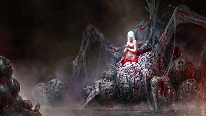 A woman sits atop a monstrous spider-like creature