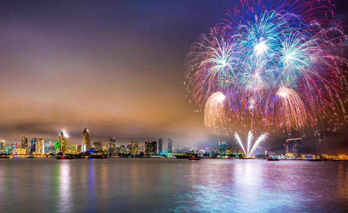 San Diego Skyline with Fireworks over the Ocean at Night