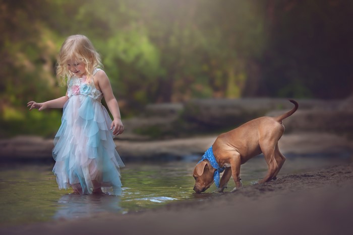 Girl in Dress and Puppy by Stream