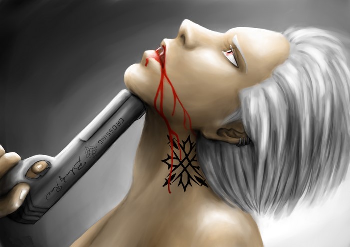 Woman with gun and blood