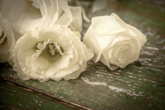 White Eustoma flowers on a rustic wooden table