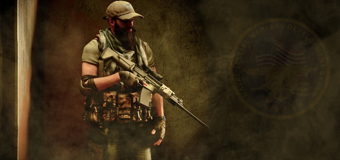Soldier with Assault Rifle and Naval Special Warfare Development Group logo