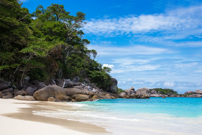 Beach with Tropical Island and Blue Sky