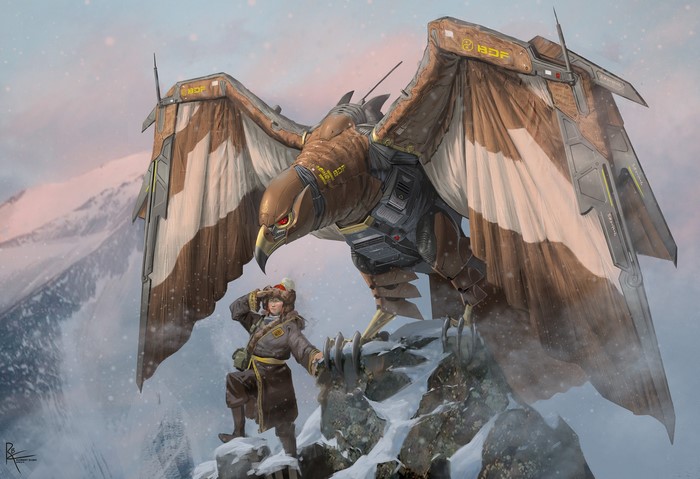 Girl with robotic eagle on snowy mountain peak