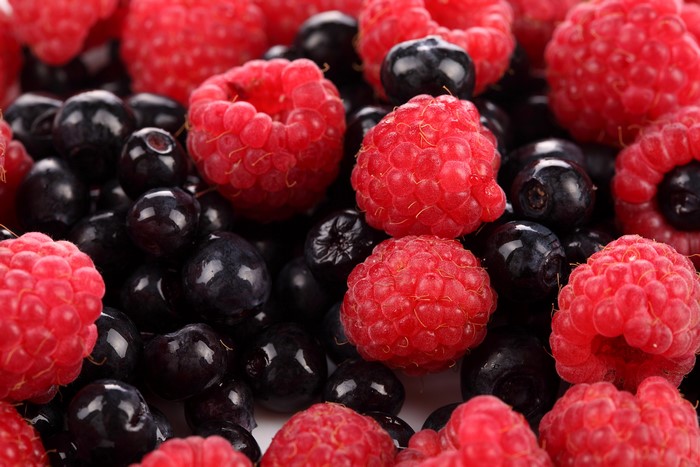 4K Closeup of Raspberries and Blueberries