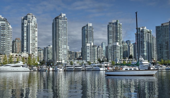 Vancouver skyline with yachts in False Creek