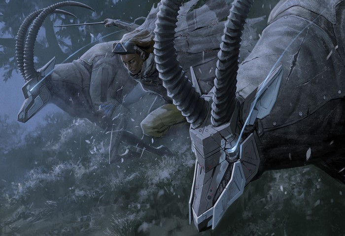 Woman riding a robotic antelope in a forest
