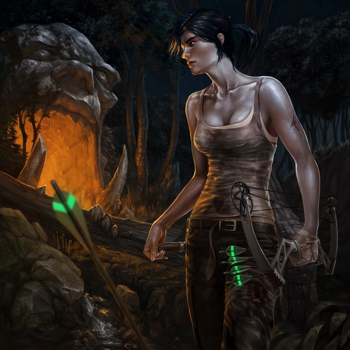 Lara Croft with bow and arrow in forest