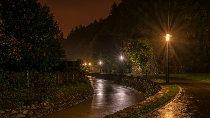 4K Night River and Street Lights in Samobor, Croatia