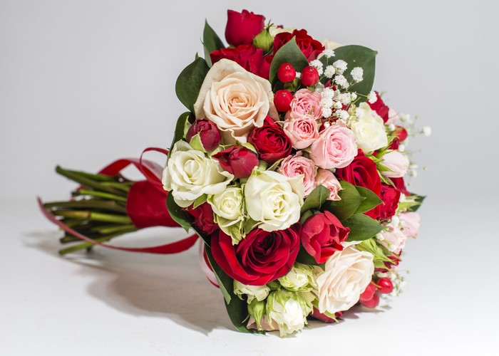 Bouquet of Roses with Red Ribbon