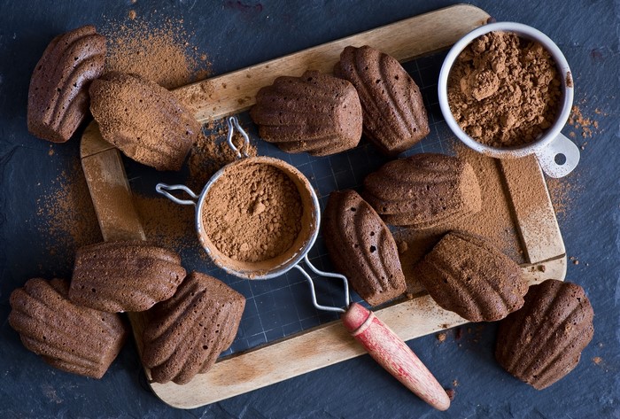 Chocolate madeleines dusted with cocoa powder