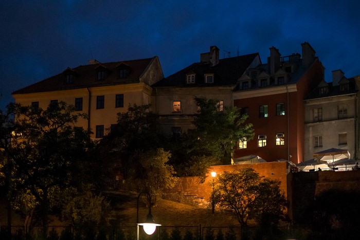 Houses at night in Lublin, Poland