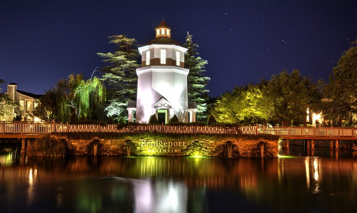 Bridgeport Valencia lighthouse at night with reflection