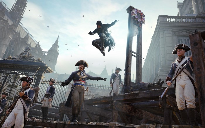 Assassin's Creed Unity: Arno Dorian jumps near a guillotine