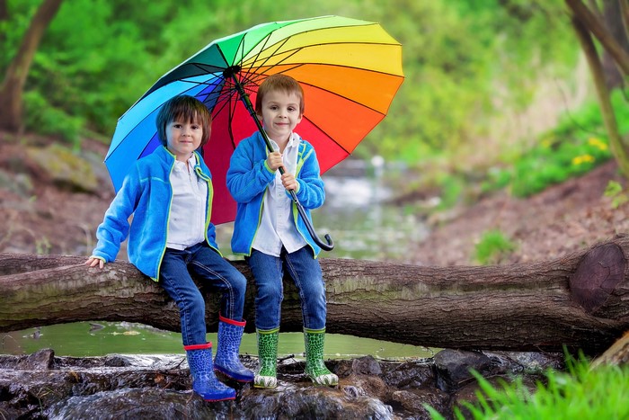 Two boys with a rainbow umbrella sitting on a tree trunk