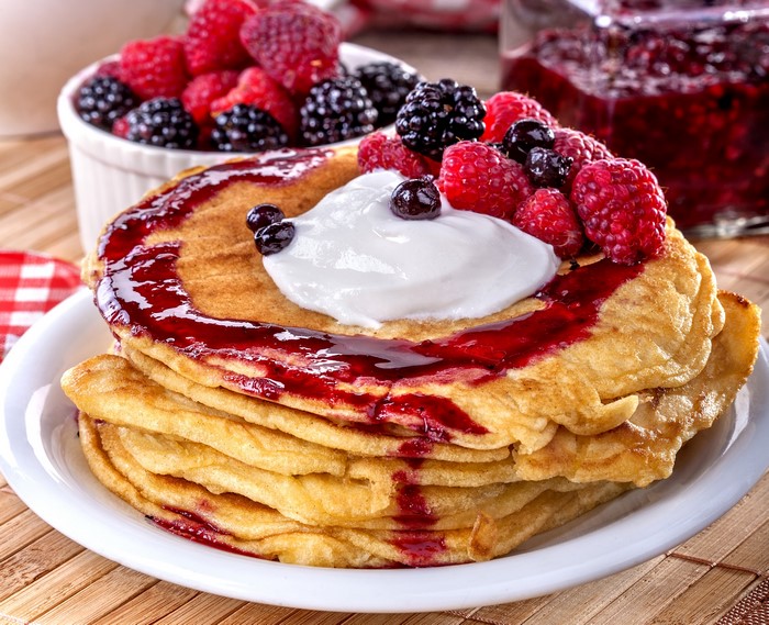 Pancakes with Raspberries, Blackberries, and Jam