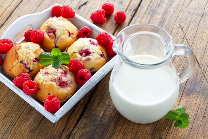 Raspberry Muffins with Milk in a Jug
