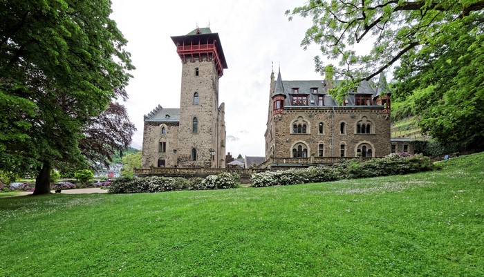 Schloss Liebig Kobern-Gondorf, Germany, with lawn and shrubs