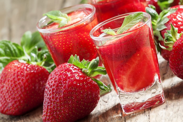 Strawberry Drinks in Shot Glasses with Fresh Strawberries