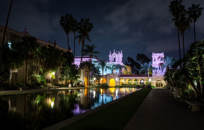 Balboa Park Buildings and Pond at Night, San Diego