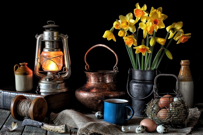 Still-life with Daffodils, Kerosene Lamp, Mug, and Eggs
