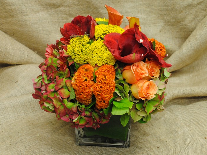Fall floral arrangement with roses and hydrangeas