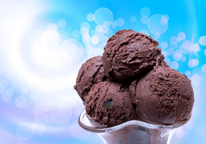 Chocolate ice cream scoops in a glass dish