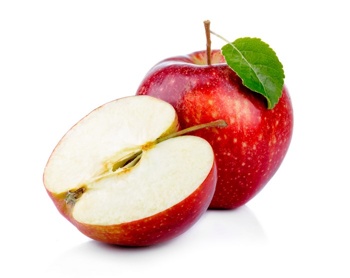 Two Red Apples, One Halved, on White Background