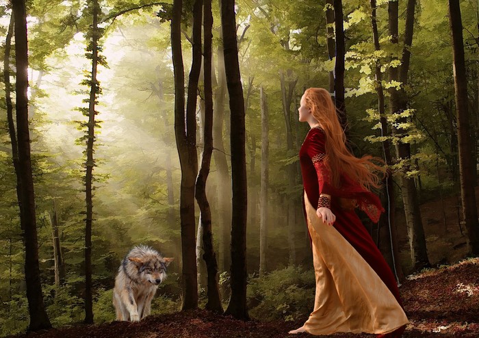 Redhead girl and wolf in a forest
