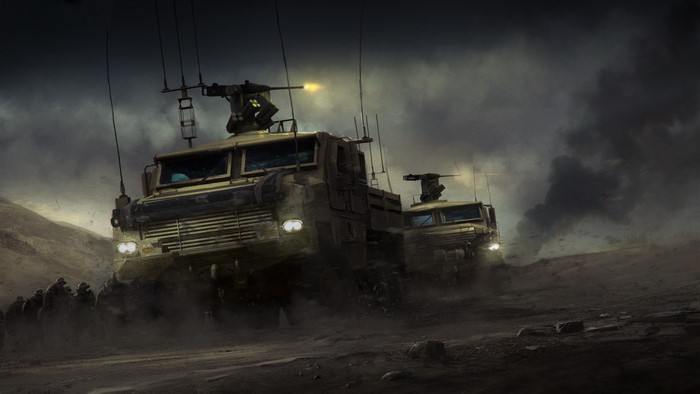 Military vehicles and soldiers in a desert landscape