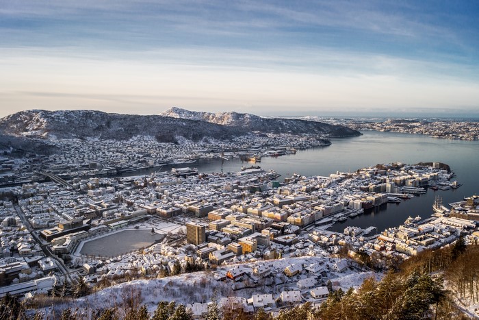 Bergen, Norway from above in winter