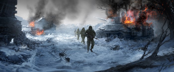 Soldiers and Tanks in a Snowy Battle