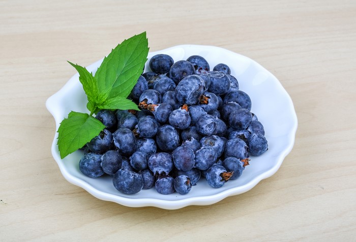 Blueberries with mint leaves on a plate