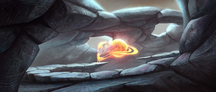 Magical glowing planet in a stone cave