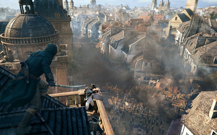 Assassin's Creed Unity: Arno Dorian on a rooftop overlooking Paris