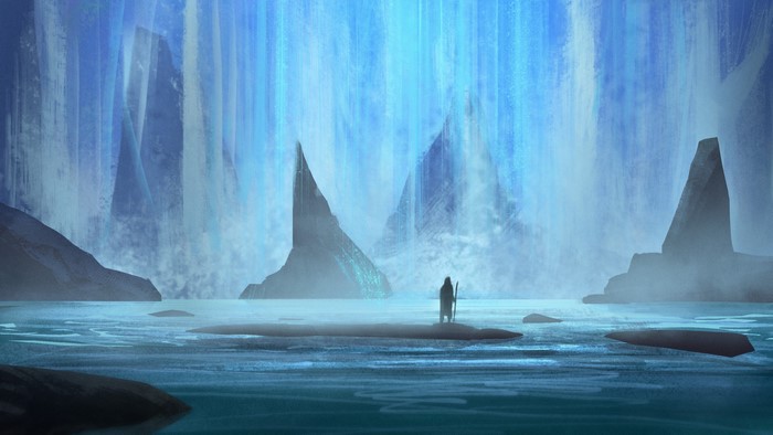 A lone figure stands before a massive waterfall in a fantasy world.